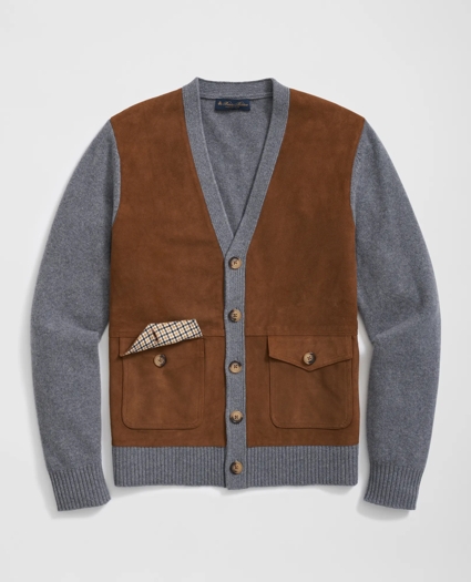 V-Neck Cardigan with Suede Panels in Wool-Cashmere Blend, image 2
