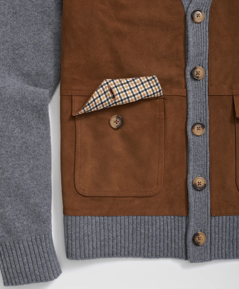 V-Neck Cardigan with Suede Panels in Wool-Cashmere Blend, image 3
