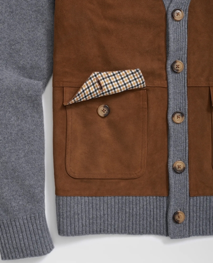 V-Neck Cardigan with Suede Panels in Wool-Cashmere Blend, image 3