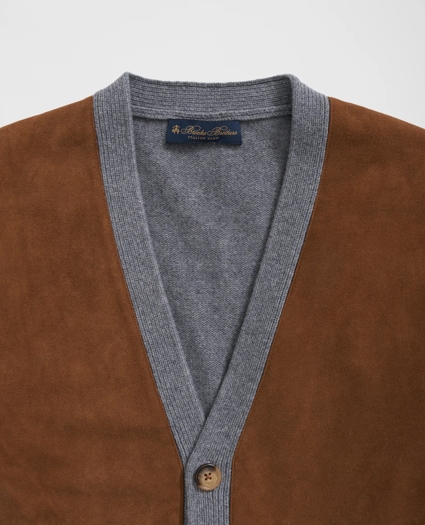 V-Neck Cardigan with Suede Panels in Wool-Cashmere Blend, image 4