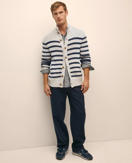 Cotton-Linen Mariner Stripe Mock Neck Cardigan, image 2