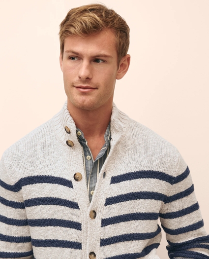 Cotton-Linen Mariner Stripe Mock Neck Cardigan, image 6