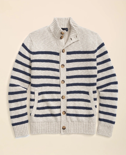 Cotton-Linen Mariner Stripe Mock Neck Cardigan, image 7