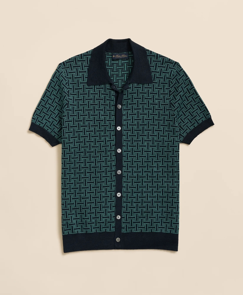 Polo Cardigan Linen-Blend Tropical Basket Pattern