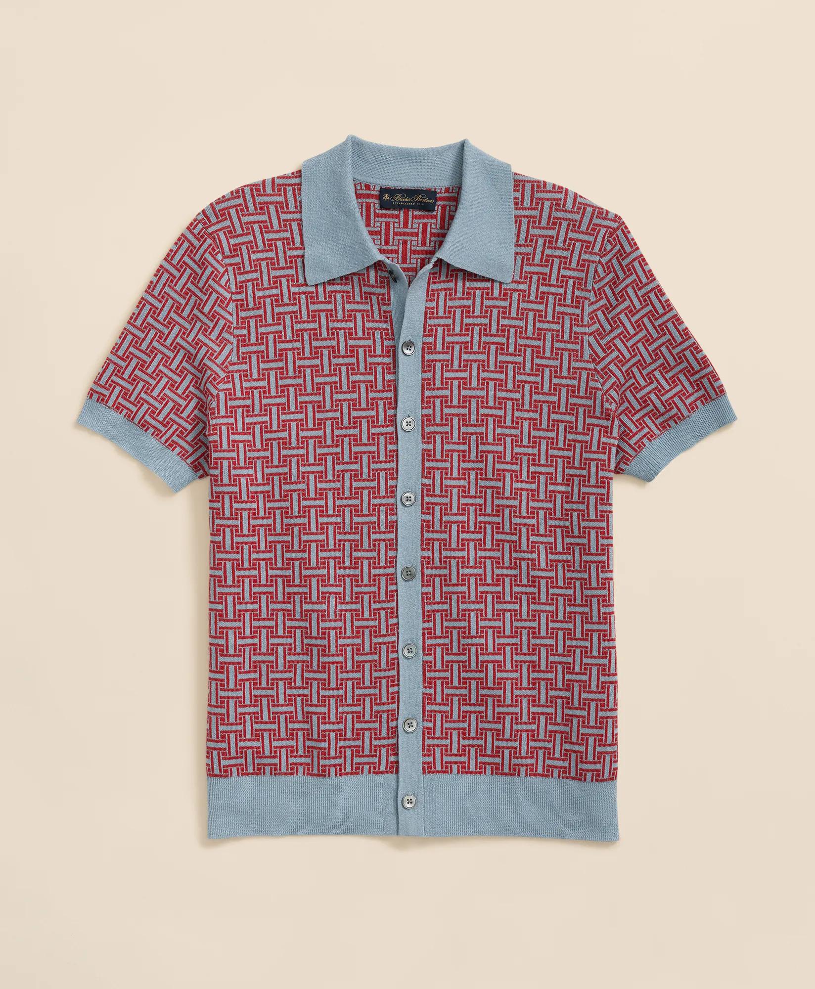 Polo Cardigan in Linen-Blend Tropical Basket Pattern
