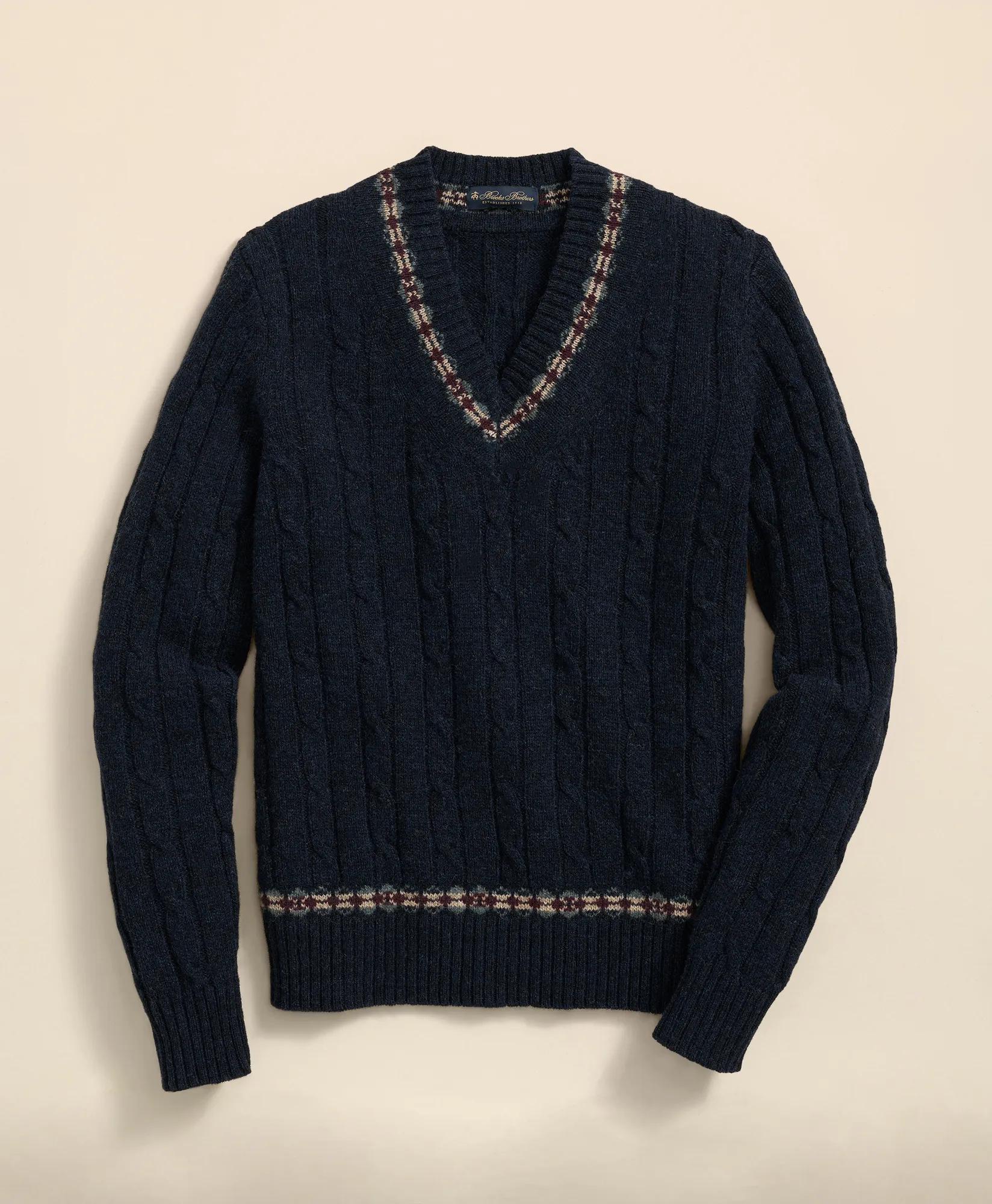 Shetland Wool Fair-Isle Tipped Archive Tennis Sweater, image 1