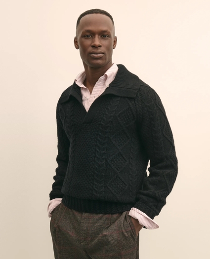 Merino Wool Johnny Collar Aran Sweater, image 1