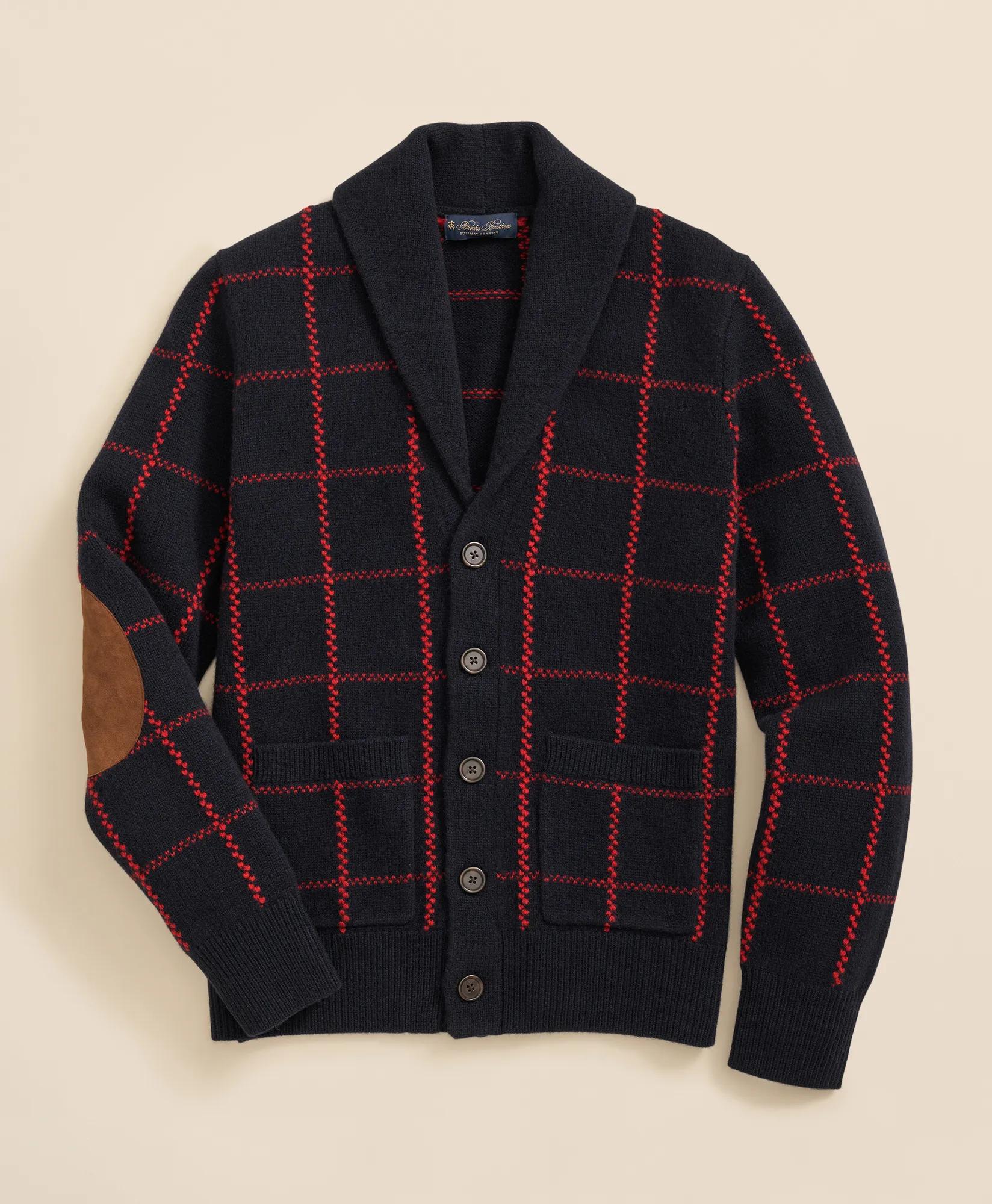 Merino Wool Windowpane Intarsia Shawl-Collar Cardigan, image 1