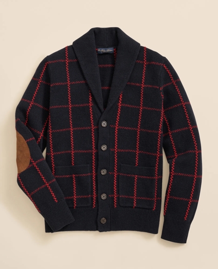 Merino Wool Windowpane Intarsia Shawl-Collar Cardigan, image 1