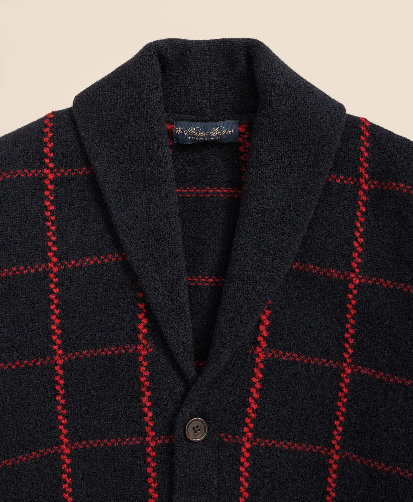 Merino Wool Windowpane Intarsia Shawl-Collar Cardigan, image 2