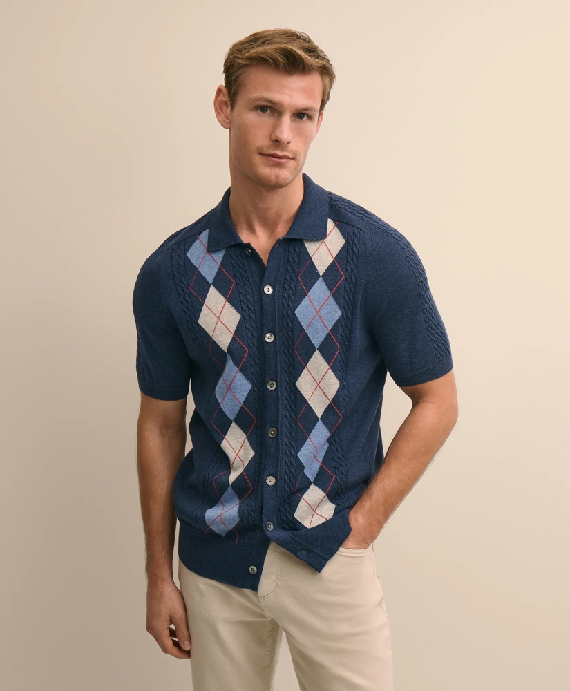 Supima&reg; Cotton Short-Sleeve Argyle Polo Cardigan, image 1