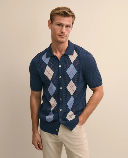 Supima&reg; Cotton Short-Sleeve Argyle Polo Cardigan, image 1