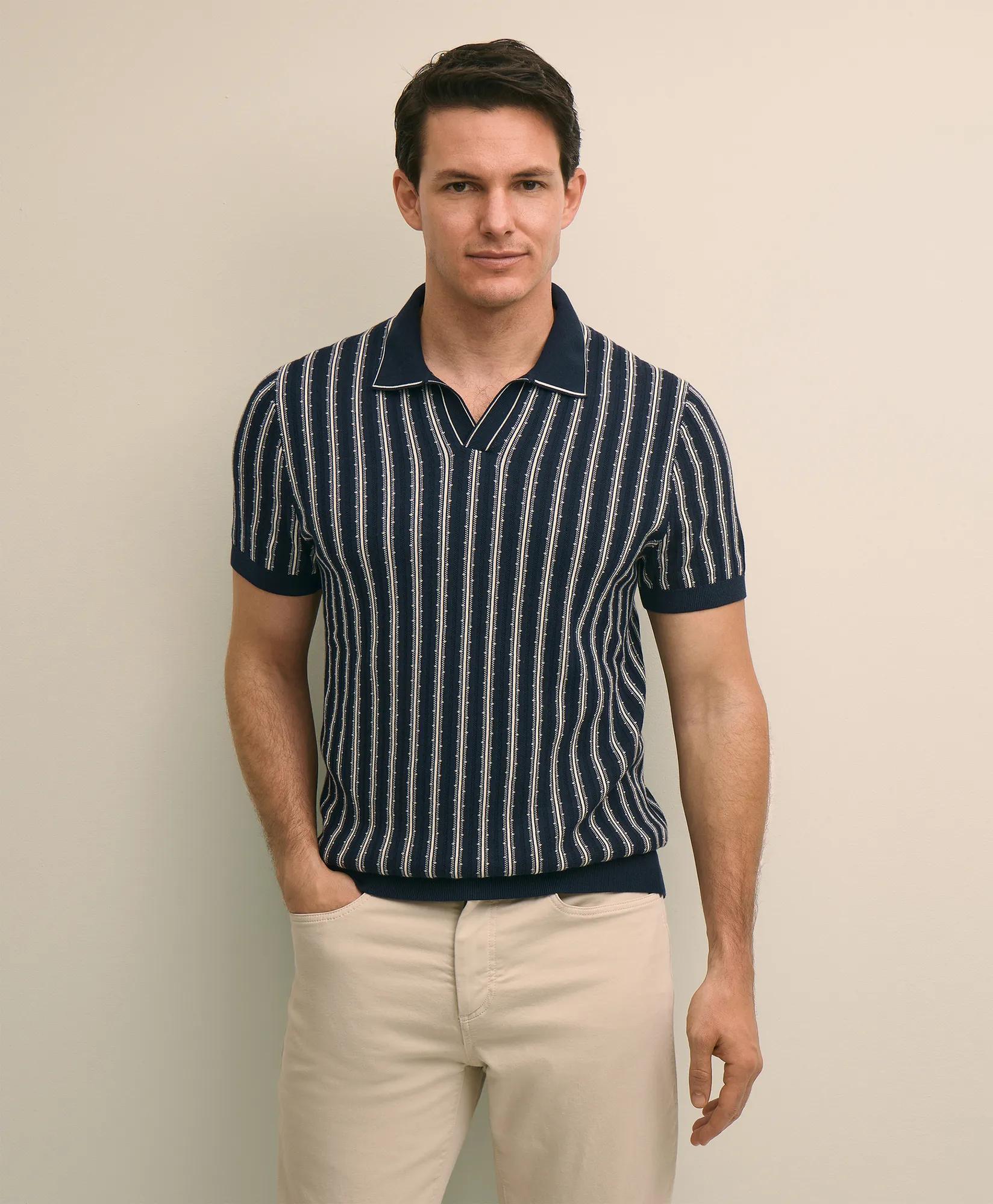 Supima Cotton Short-Sleeve Striped Johnny Collar Sweater primary