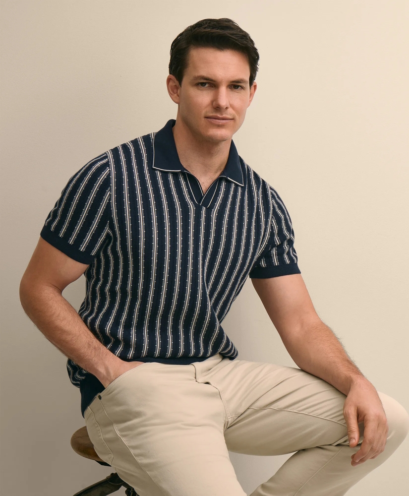 Supima&reg; Cotton Short-Sleeve Striped Johnny Collar Sweater, image 2