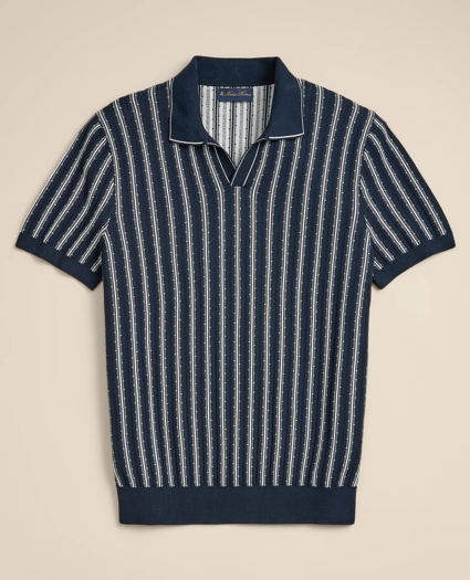 Supima&reg; Cotton Short-Sleeve Striped Johnny Collar Sweater, image 3