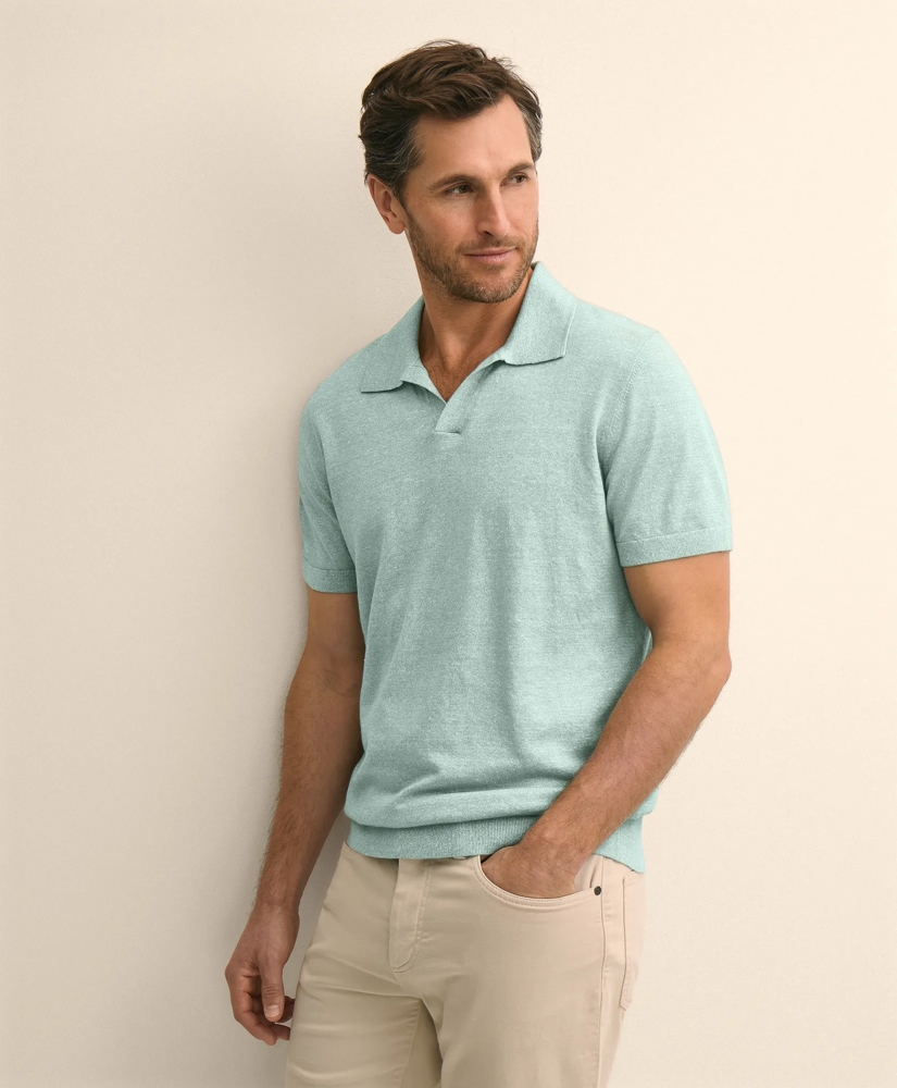 Linen-Cotton-Cashmere Short-Sleeve Mouline Johnny Collar Sweater, image 1