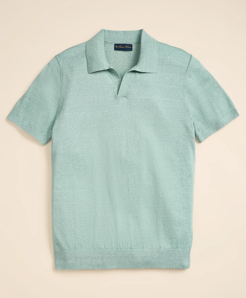 Linen-Cotton-Cashmere Short-Sleeve Mouline Johnny Collar Sweater, image 2