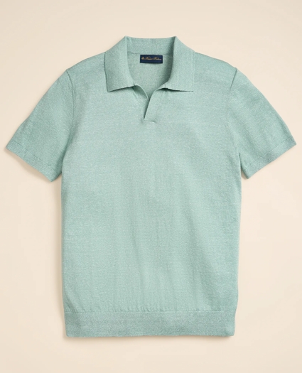 Linen-Cotton-Cashmere Short-Sleeve Mouline Johnny Collar Sweater, image 2