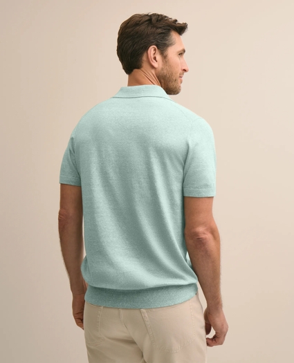 Linen-Cotton-Cashmere Short-Sleeve Mouline Johnny Collar Sweater, image 4