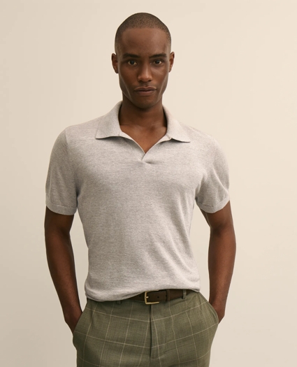 Linen-Cotton-Cashmere Short-Sleeve Mouline Johnny Collar Sweater, image 1