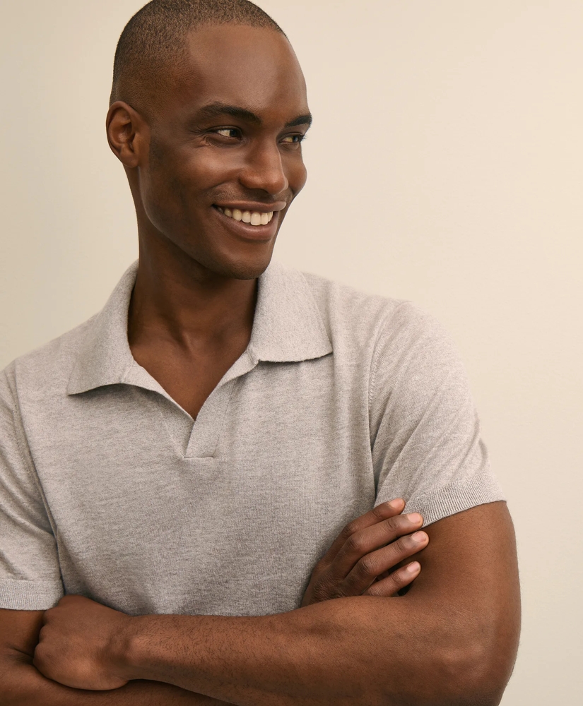 Linen-Cotton-Cashmere Short-Sleeve Mouline Johnny Collar Sweater, image 2