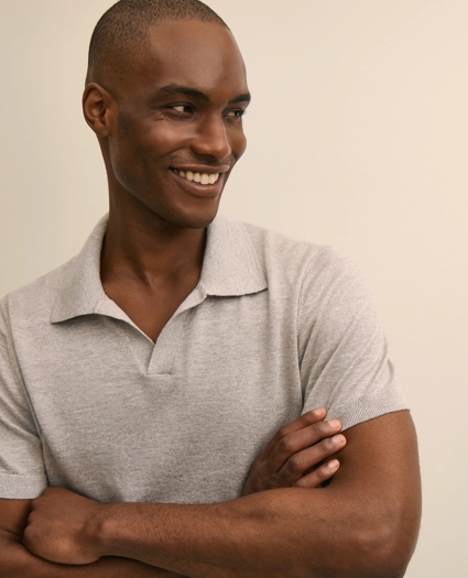 Linen-Cotton-Cashmere Short-Sleeve Mouline Johnny Collar Sweater, image 2