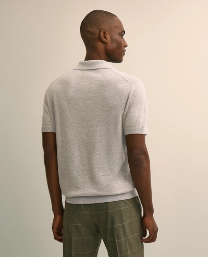 Linen-Cotton-Cashmere Short-Sleeve Mouline Johnny Collar Sweater, image 4