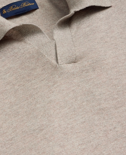 Linen-Cotton-Cashmere Short-Sleeve Mouline Johnny Collar Sweater, image 5