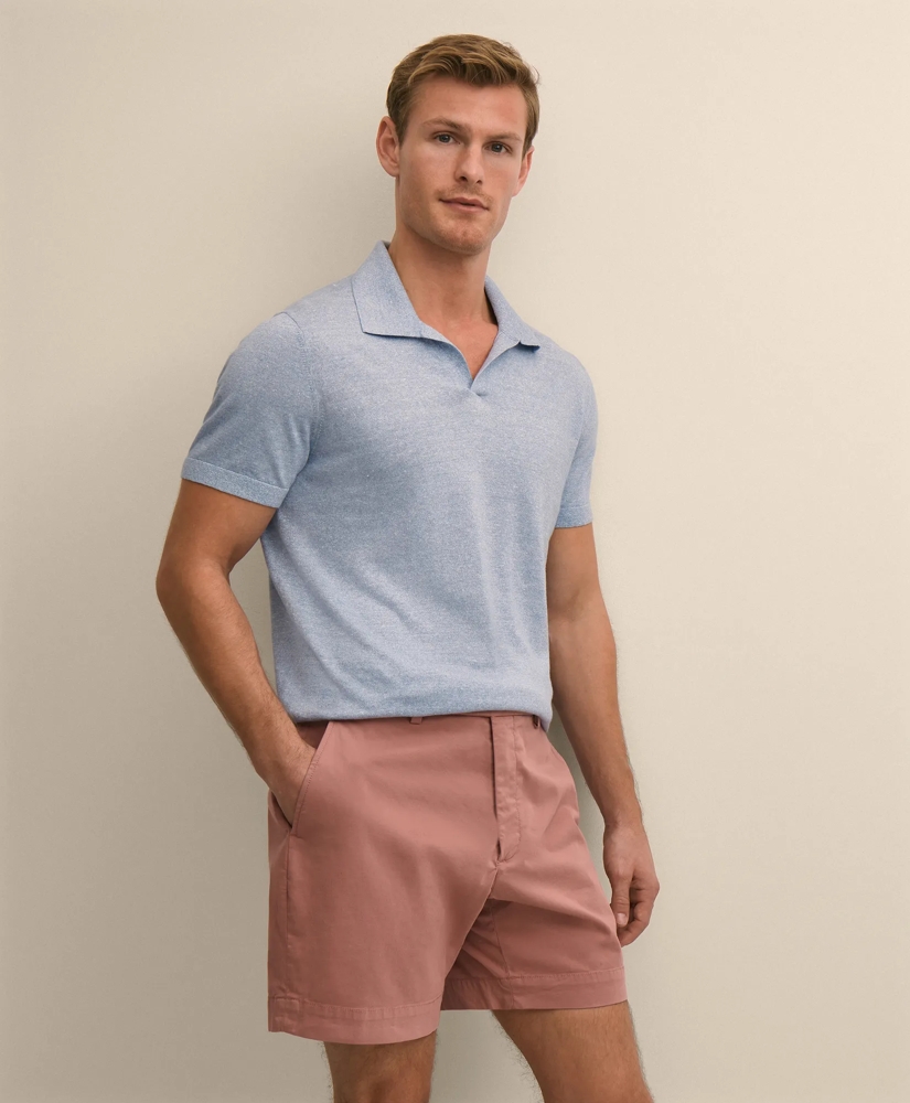 Linen-Cotton-Cashmere Short-Sleeve Mouline Johnny Collar Sweater, image 1