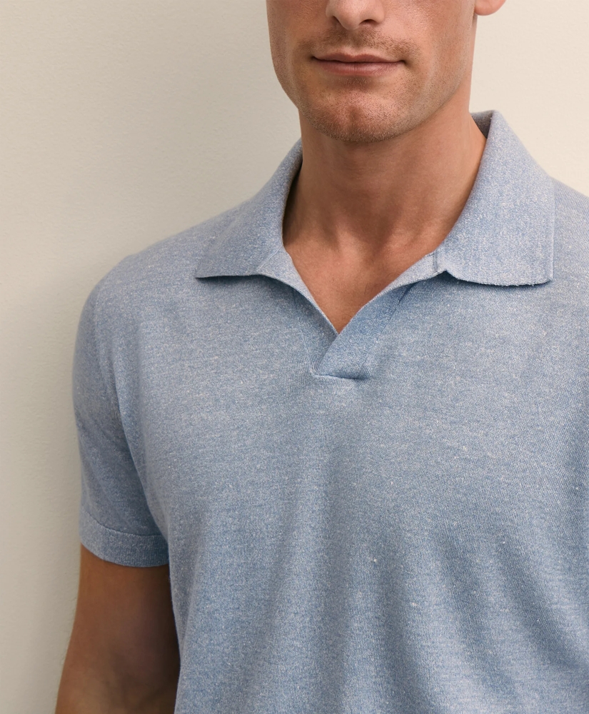 Linen-Cotton-Cashmere Short-Sleeve Mouline Johnny Collar Sweater, image 2