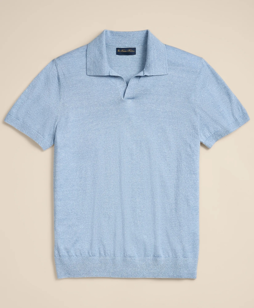 Linen-Cotton-Cashmere Short-Sleeve Mouline Johnny Collar Sweater, image 3