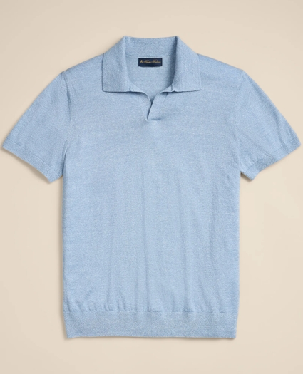 Linen-Cotton-Cashmere Short-Sleeve Mouline Johnny Collar Sweater, image 3