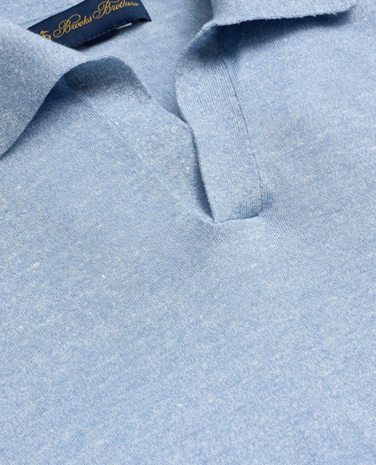 Linen-Cotton-Cashmere Short-Sleeve Mouline Johnny Collar Sweater, image 5