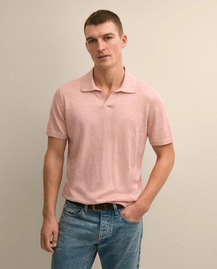 Linen-Cotton-Cashmere Short-Sleeve Mouline Johnny Collar Sweater, image 1