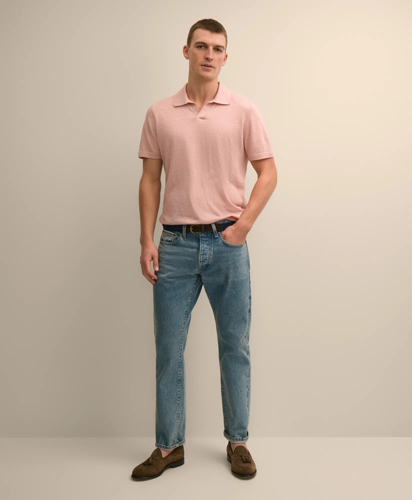 Linen-Cotton-Cashmere Short-Sleeve Mouline Johnny Collar Sweater, image 2