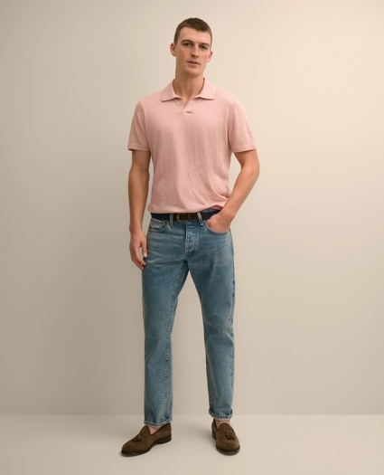 Linen-Cotton-Cashmere Short-Sleeve Mouline Johnny Collar Sweater, image 2