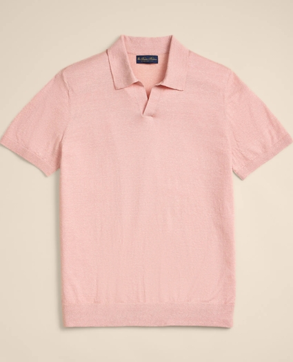 Linen-Cotton-Cashmere Short-Sleeve Mouline Johnny Collar Sweater, image 3