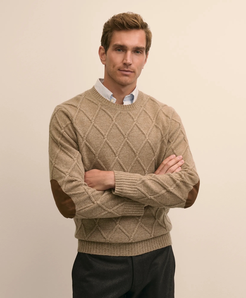 Camel Hair Diamond-Cable Knit Elbow Patch Sweater, image 1