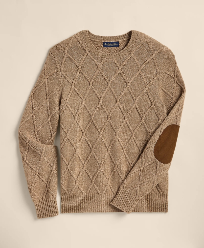 Camel Hair Diamond-Cable Knit Elbow Patch Sweater, image 2