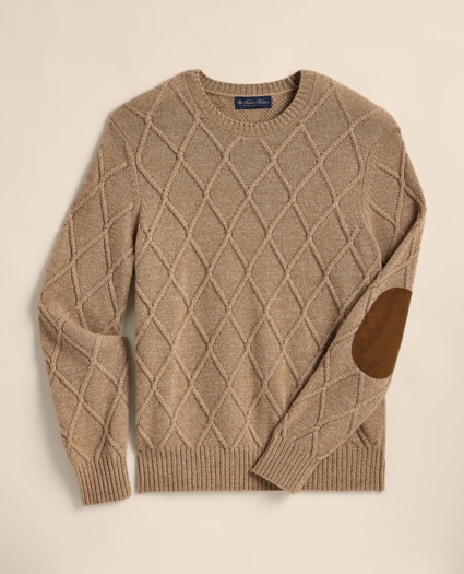 Camel Hair Diamond-Cable Knit Elbow Patch Sweater, image 2