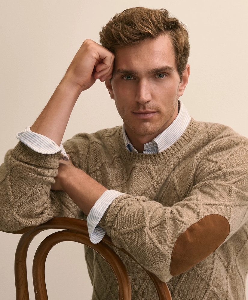 Camel Hair Diamond-Cable Knit Elbow Patch Sweater, image 3