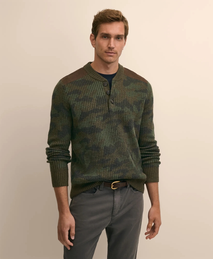Merino Wool Camouflage Henley Elbow-Patch Sweater, image 1