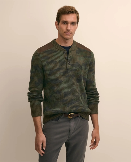 Merino Wool Camouflage Henley Elbow-Patch Sweater, image 1