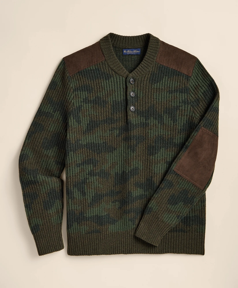 Merino Wool Camouflage Henley Elbow-Patch Sweater, image 2