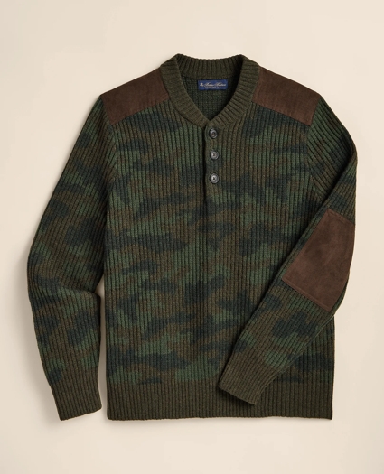 Merino Wool Camouflage Henley Elbow-Patch Sweater, image 2