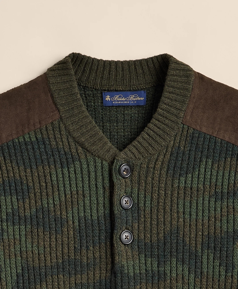 Merino Wool Camouflage Henley Elbow-Patch Sweater, image 6