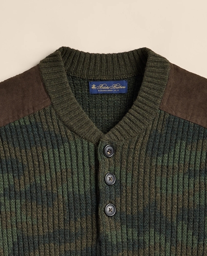 Merino Wool Camouflage Henley Elbow-Patch Sweater, image 6