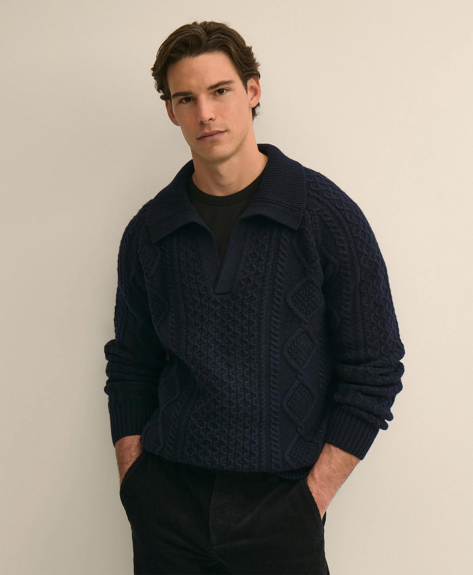 Merino Wool Aran Knit Johnny Collar Sweater, image 1