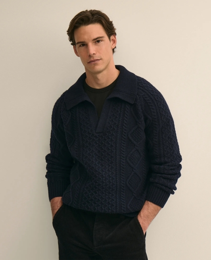 Merino Wool Aran Knit Johnny Collar Sweater