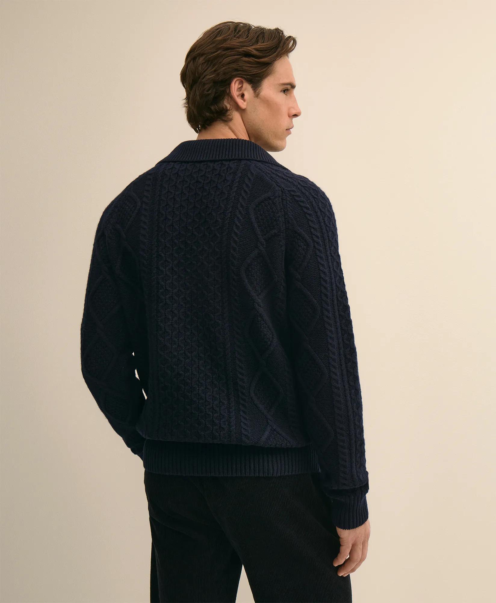 Merino Wool Aran Knit Johnny Collar Sweater, image 2